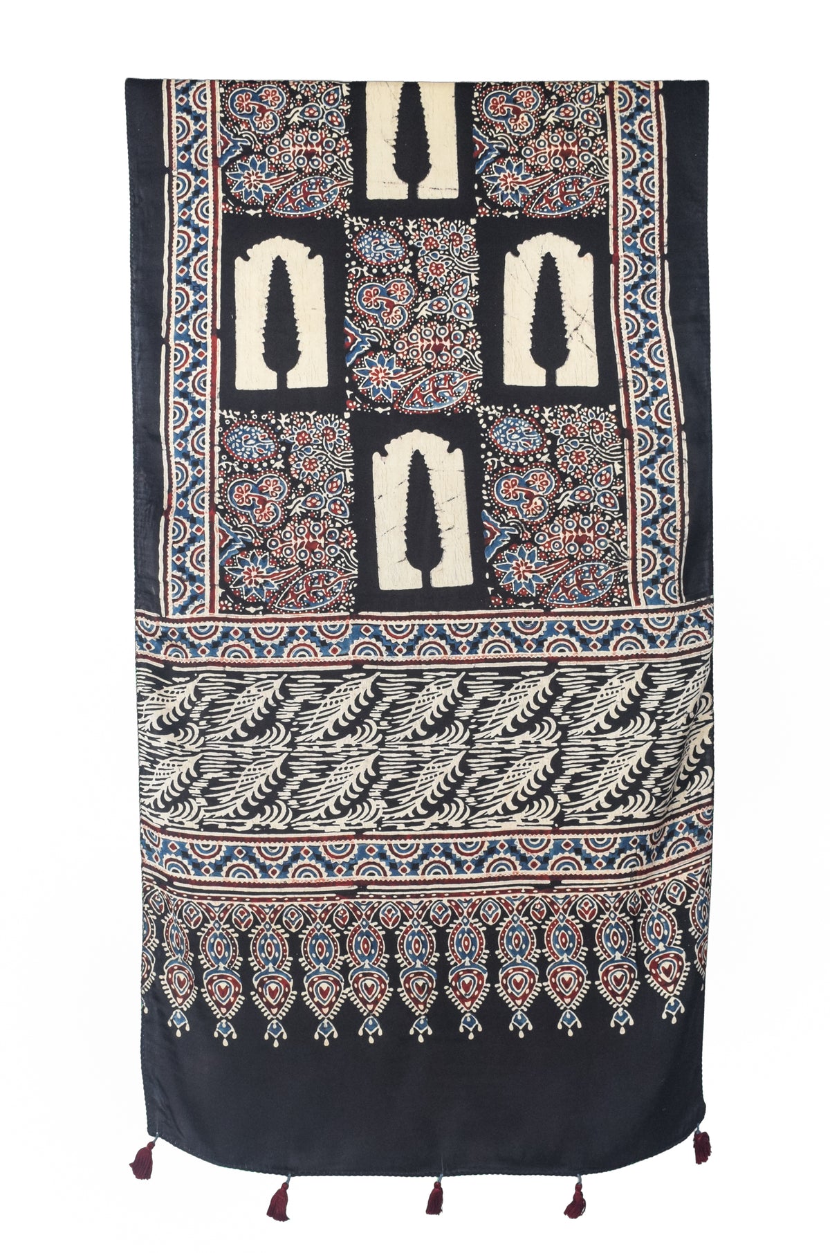 Ajrakh Modal Silk Natural Dye Hand Block Print Stole With Tassels - 2 Mtr Length   -  SKU : EK28901G