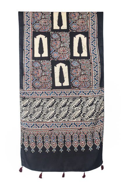 Ajrakh Modal Silk Natural Dye Hand Block Print Stole With Tassels - 2 Mtr Length   -  SKU : EK28901G