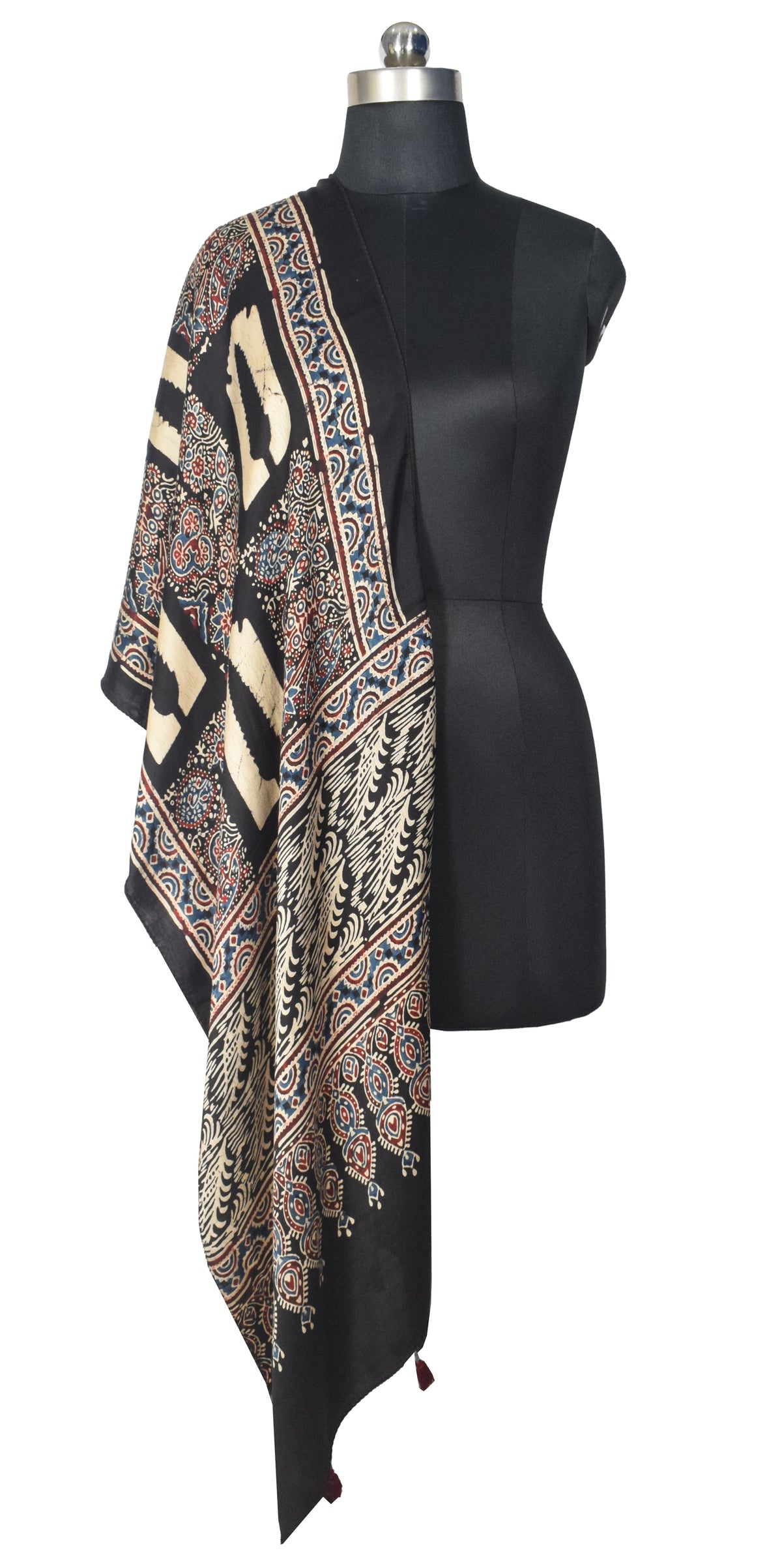 Ajrakh Modal Silk Natural Dye Hand Block Print Stole With Tassels - 2 Mtr Length   -  SKU : EK28901G