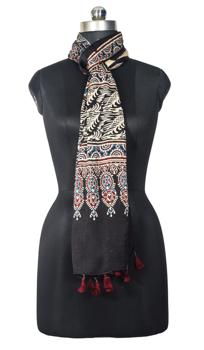 Ajrakh Modal Silk Natural Dye Hand Block Print Stole With Tassels - 2 Mtr Length   -  SKU : EK28901G