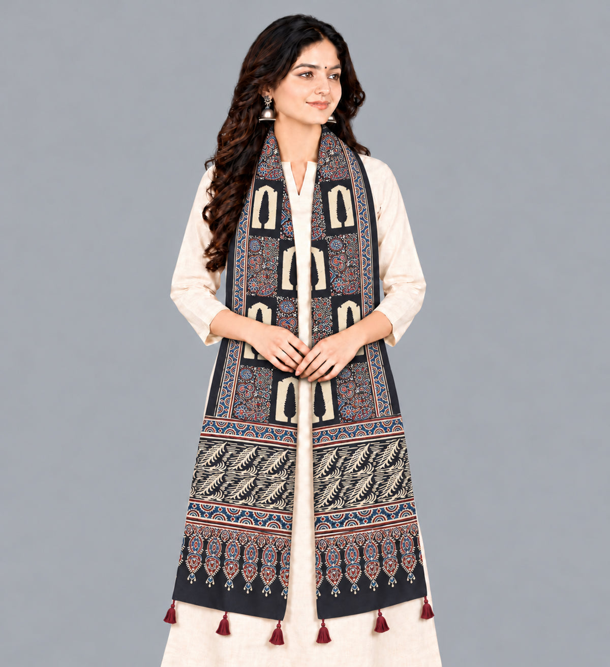 Ajrakh Modal Silk Natural Dye Hand Block Print Stole With Tassels - 2 Mtr Length   -  SKU : EK28901G