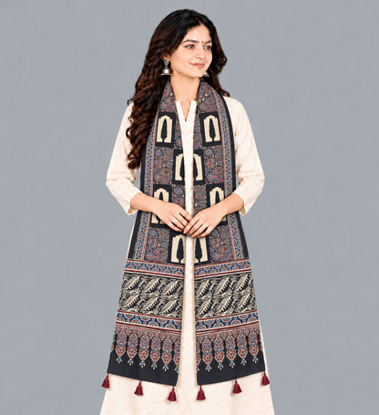 Ajrakh Modal Silk Natural Dye Hand Block Print Stole With Tassels - 2 Mtr Length   -  SKU : EK28901G