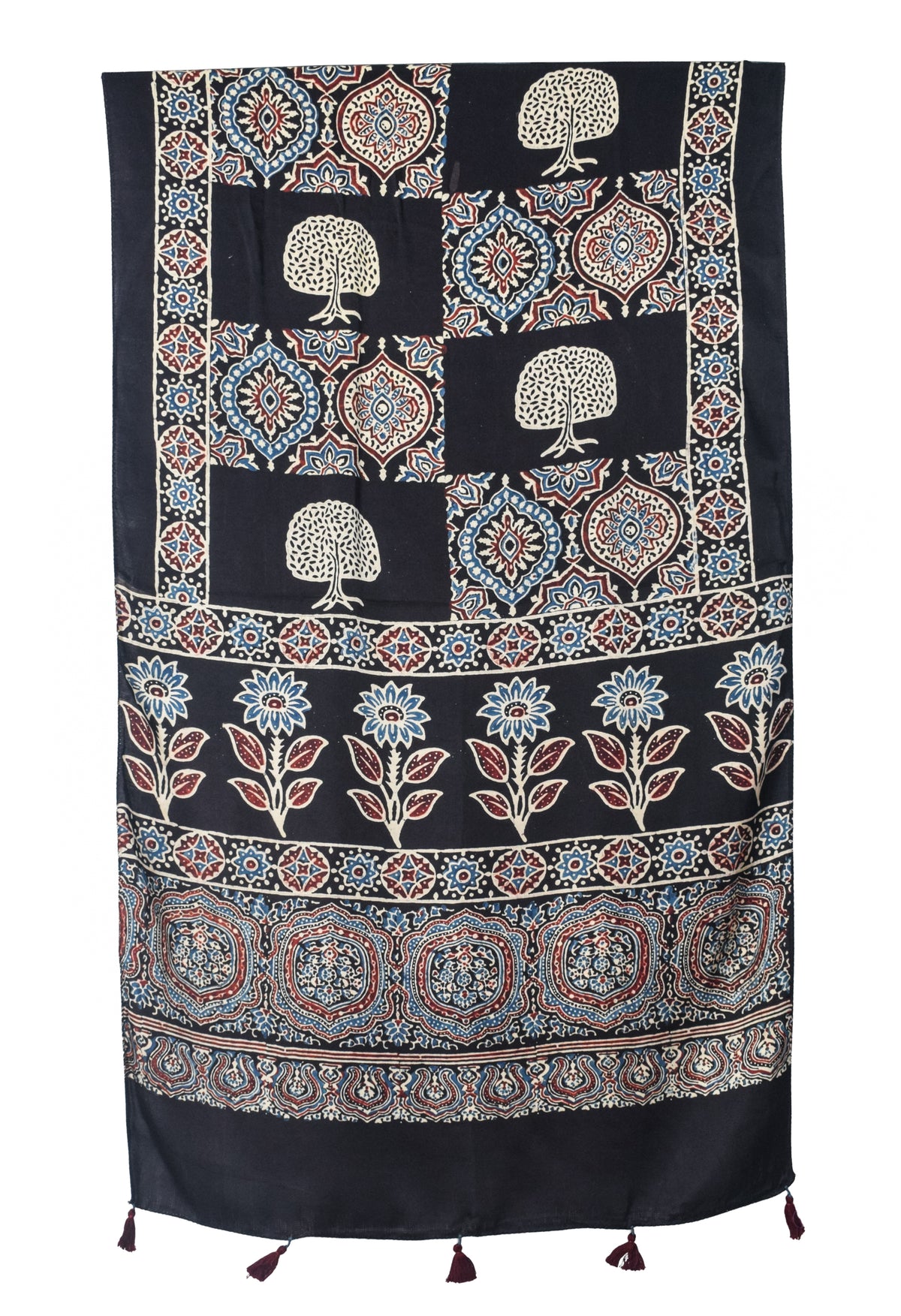 Ajrakh Modal Silk Natural Dye Hand Block Print Stole With Tassels - 2 Mtr Length   -  SKU : EK28901H