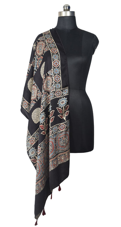 Ajrakh Modal Silk Natural Dye Hand Block Print Stole With Tassels - 2 Mtr Length   -  SKU : EK28901H