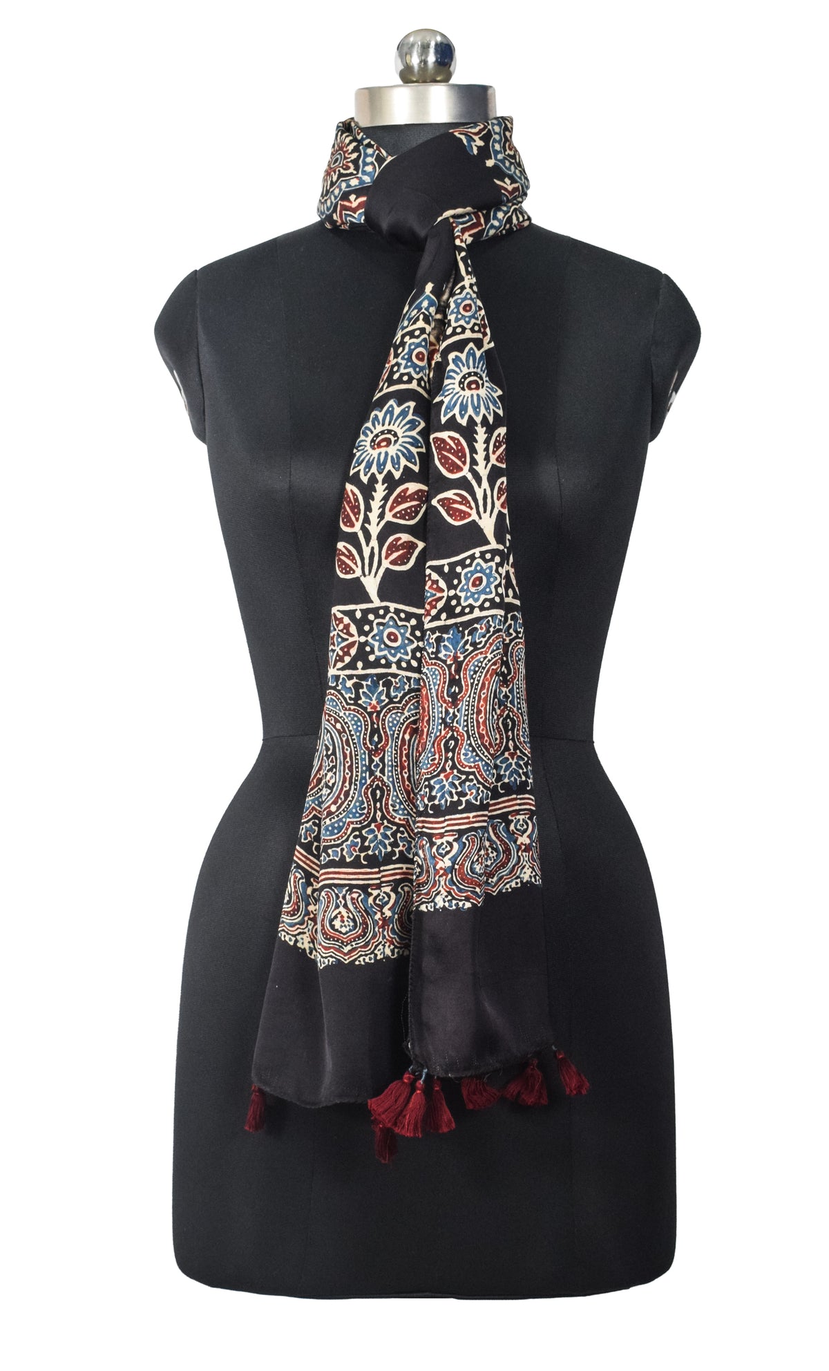 Ajrakh Modal Silk Natural Dye Hand Block Print Stole With Tassels - 2 Mtr Length   -  SKU : EK28901H