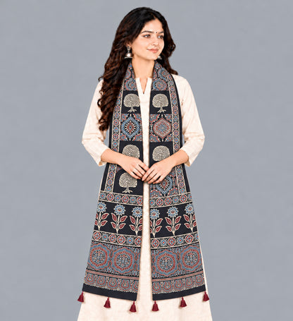 Ajrakh Modal Silk Natural Dye Hand Block Print Stole With Tassels - 2 Mtr Length   -  SKU : EK28901H