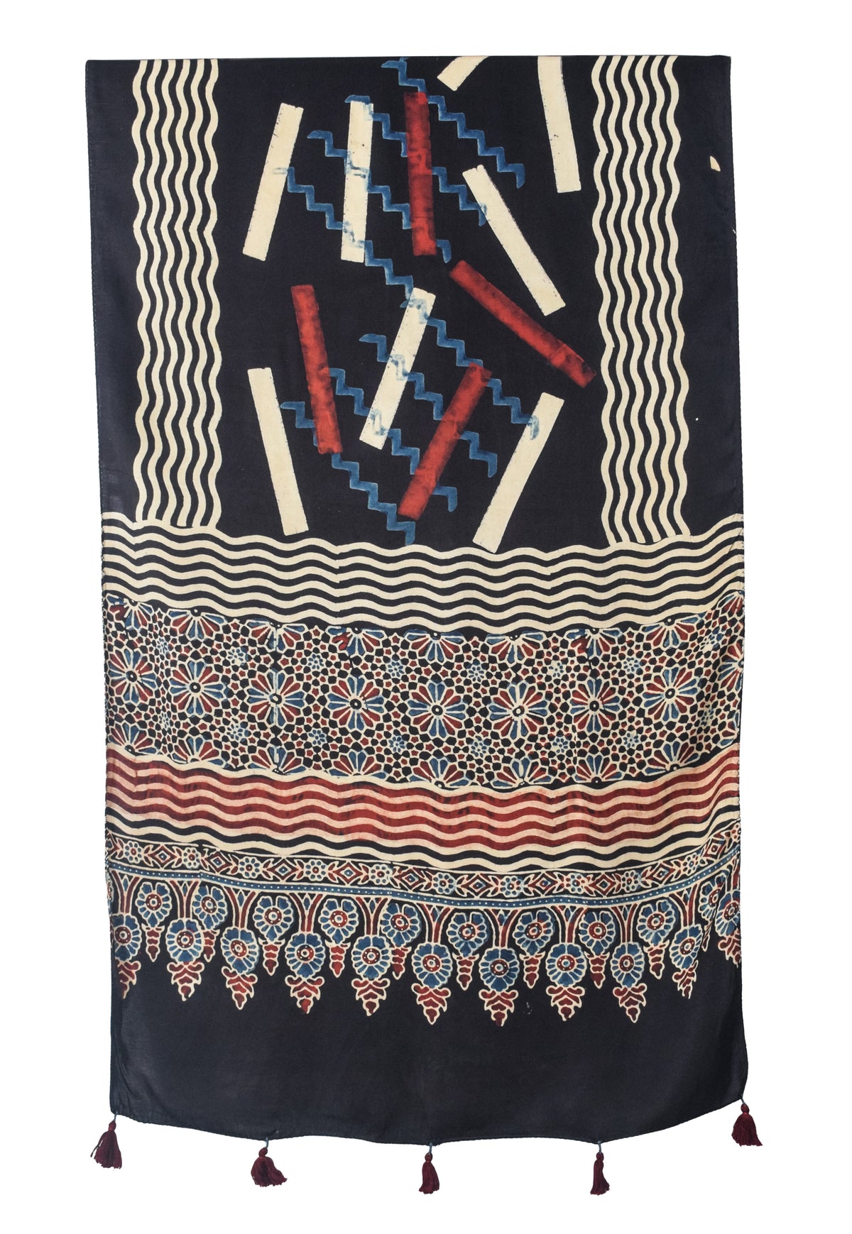 Ajrakh Modal Silk Natural Dye Hand Block Print Stole With Tassels - 2 Mtr Length   -  SKU : EK28901I