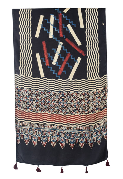 Ajrakh Modal Silk Natural Dye Hand Block Print Stole With Tassels - 2 Mtr Length   -  SKU : EK28901I