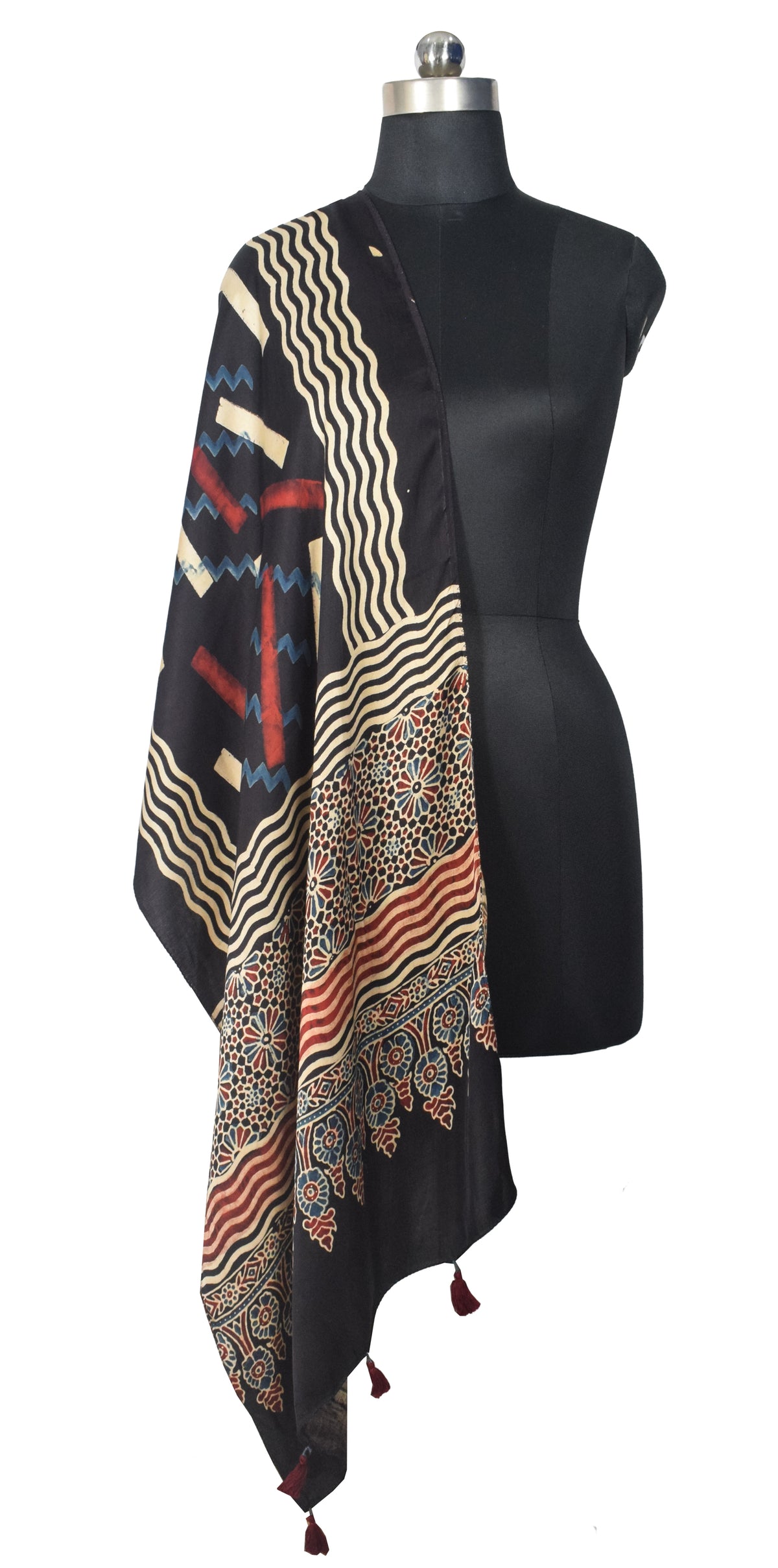 Ajrakh Modal Silk Natural Dye Hand Block Print Stole With Tassels - 2 Mtr Length   -  SKU : EK28901I