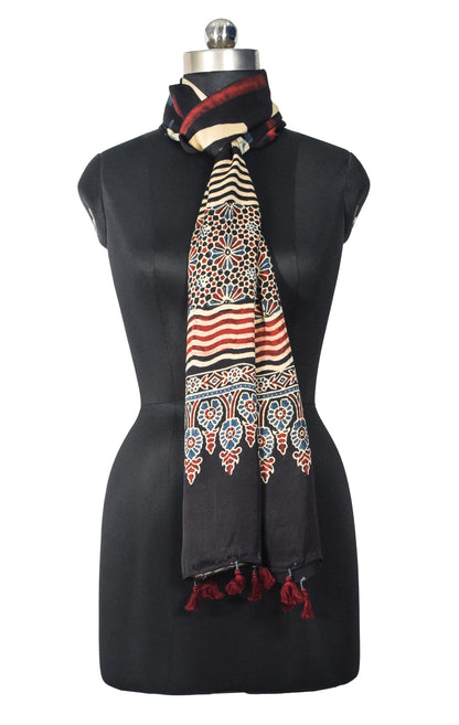 Ajrakh Modal Silk Natural Dye Hand Block Print Stole With Tassels - 2 Mtr Length   -  SKU : EK28901I
