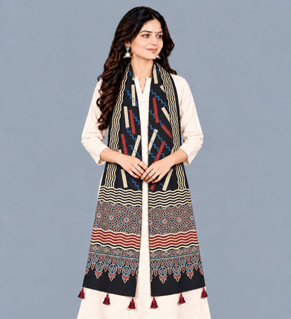 Ajrakh Modal Silk Natural Dye Hand Block Print Stole With Tassels - 2 Mtr Length   -  SKU : EK28901I