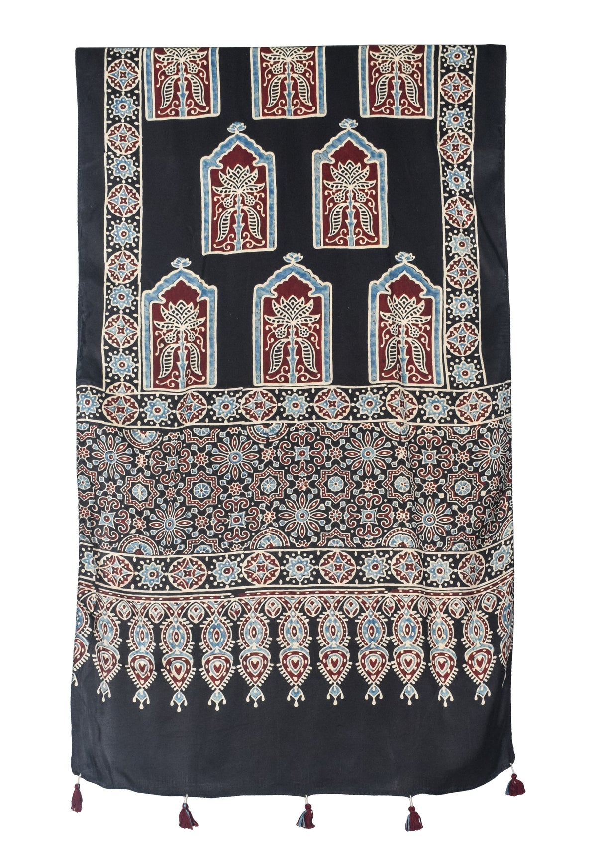 Ajrakh Modal Silk Natural Dye Hand Block Print Stole With Tassels - 2 Mtr Length   -  SKU : EK28901K