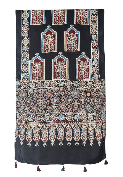 Ajrakh Modal Silk Natural Dye Hand Block Print Stole With Tassels - 2 Mtr Length   -  SKU : EK28901K