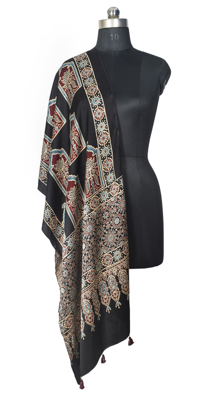 Ajrakh Modal Silk Natural Dye Hand Block Print Stole With Tassels - 2 Mtr Length   -  SKU : EK28901K