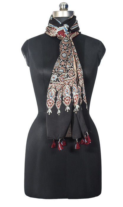 Ajrakh Modal Silk Natural Dye Hand Block Print Stole With Tassels - 2 Mtr Length   -  SKU : EK28901K