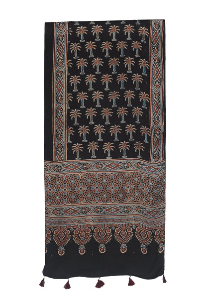 Ajrakh Modal Silk Natural Dye Hand Block Print Stole With Tassels - 2 Mtr Length    -  SKU : MS12A0AC