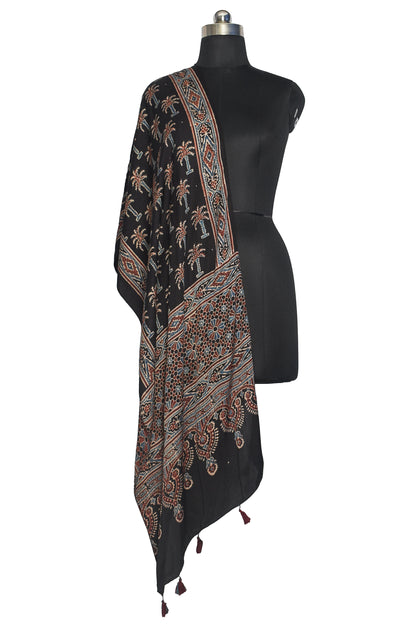 Ajrakh Modal Silk Natural Dye Hand Block Print Stole With Tassels - 2 Mtr Length    -  SKU : MS12A0AC