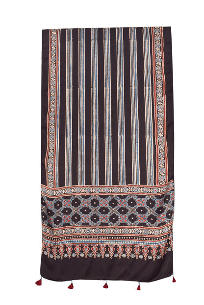 Ajrakh Modal Silk Natural Dye Hand Block Print Stole With Tassels - 2 Mtr Length    -  SKU : RM16901R