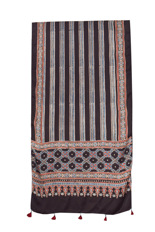 Ajrakh Modal Silk Natural Dye Hand Block Print Stole With Tassels - 2 Mtr Length    -  SKU : RM16901R