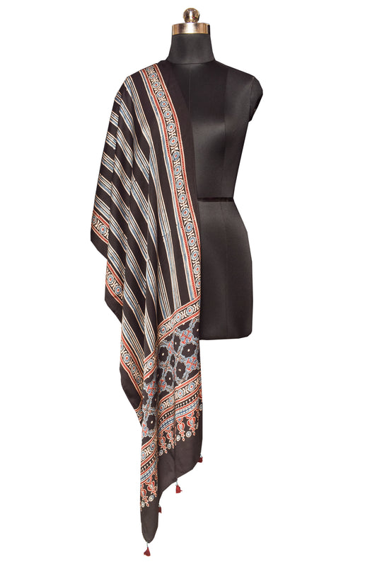Ajrakh Modal Silk Natural Dye Hand Block Print Stole With Tassels - 2 Mtr Length    -  SKU : RM16901R