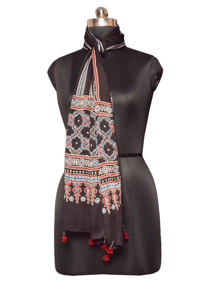 Ajrakh Modal Silk Natural Dye Hand Block Print Stole With Tassels - 2 Mtr Length    -  SKU : RM16901R