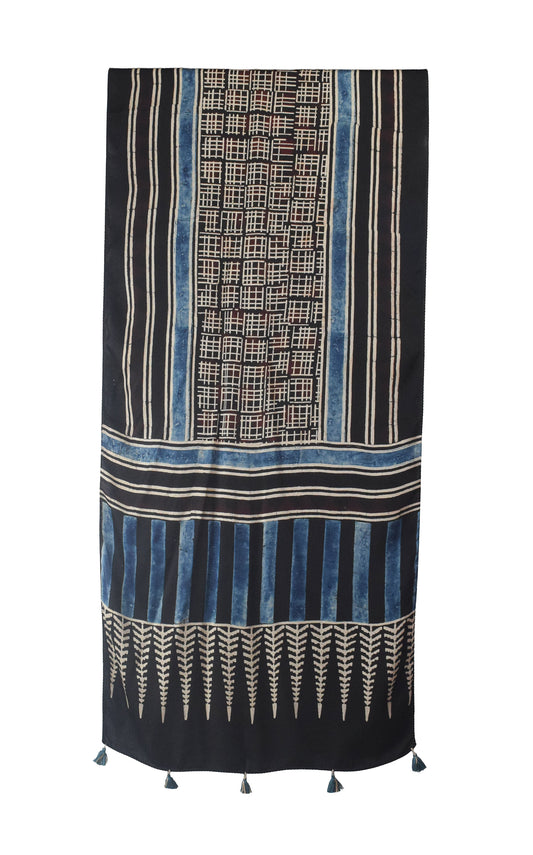 Ajrakh Modal Silk Natural Dye Hand Block Print Stole With Tassels - 2 Mtr Length    -  SKU : AI26901H