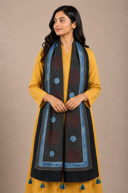 Ajrakh Modal Silk Natural Dye Hand Block Print Stole With Tassels - 2 Mtr Length    -  SKU : AI26901I