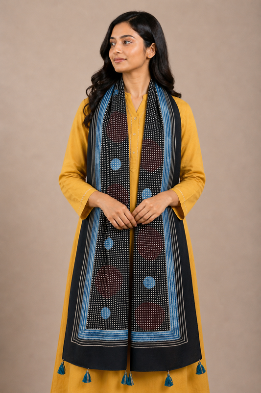 Ajrakh Modal Silk Natural Dye Hand Block Print Stole With Tassels - 2 Mtr Length    -  SKU : AI26901I