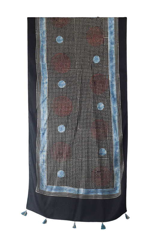 Ajrakh Modal Silk Natural Dye Hand Block Print Stole With Tassels - 2 Mtr Length    -  SKU : AI26901I