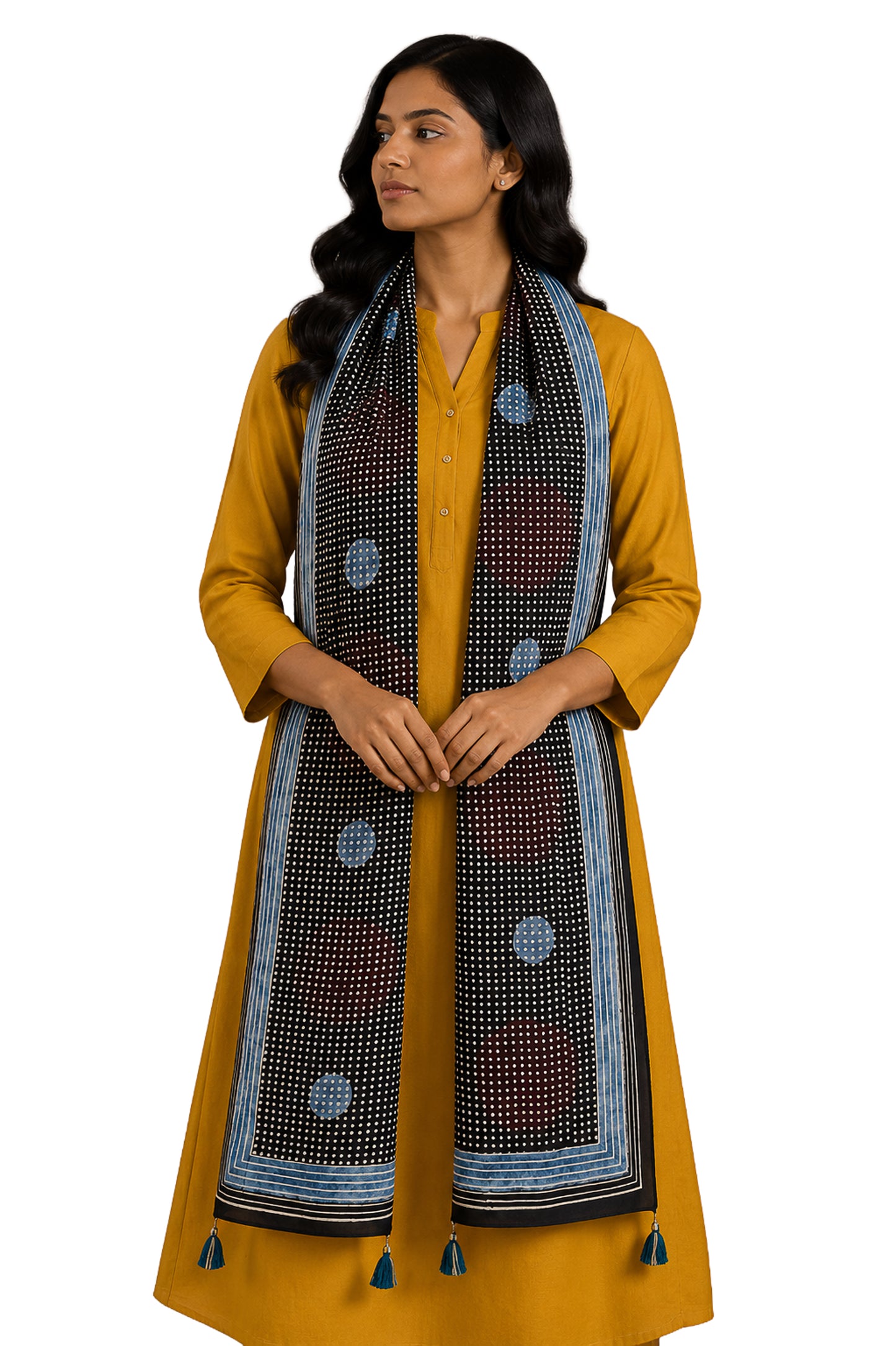 Ajrakh Modal Silk Natural Dye Hand Block Print Stole With Tassels - 2 Mtr Length    -  SKU : AI26901I