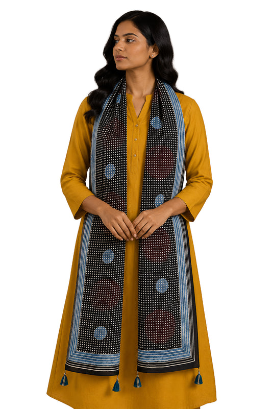 Ajrakh Modal Silk Natural Dye Hand Block Print Stole With Tassels - 2 Mtr Length    -  SKU : AI26901I