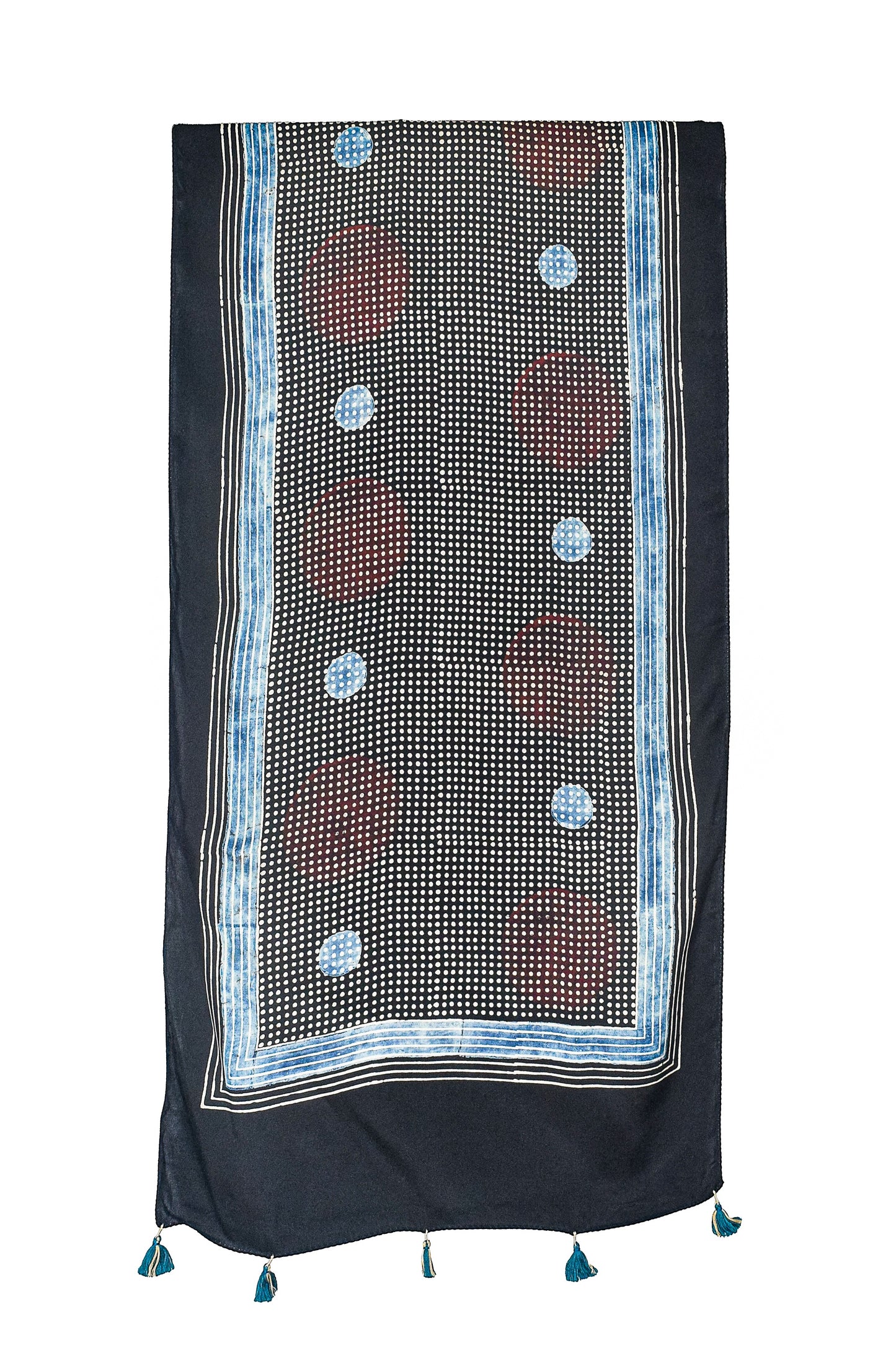 Ajrakh Modal Silk Natural Dye Hand Block Print Stole With Tassels - 2 Mtr Length    -  SKU : AI26901I