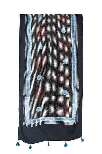 Ajrakh Modal Silk Natural Dye Hand Block Print Stole With Tassels - 2 Mtr Length    -  SKU : AI26901I