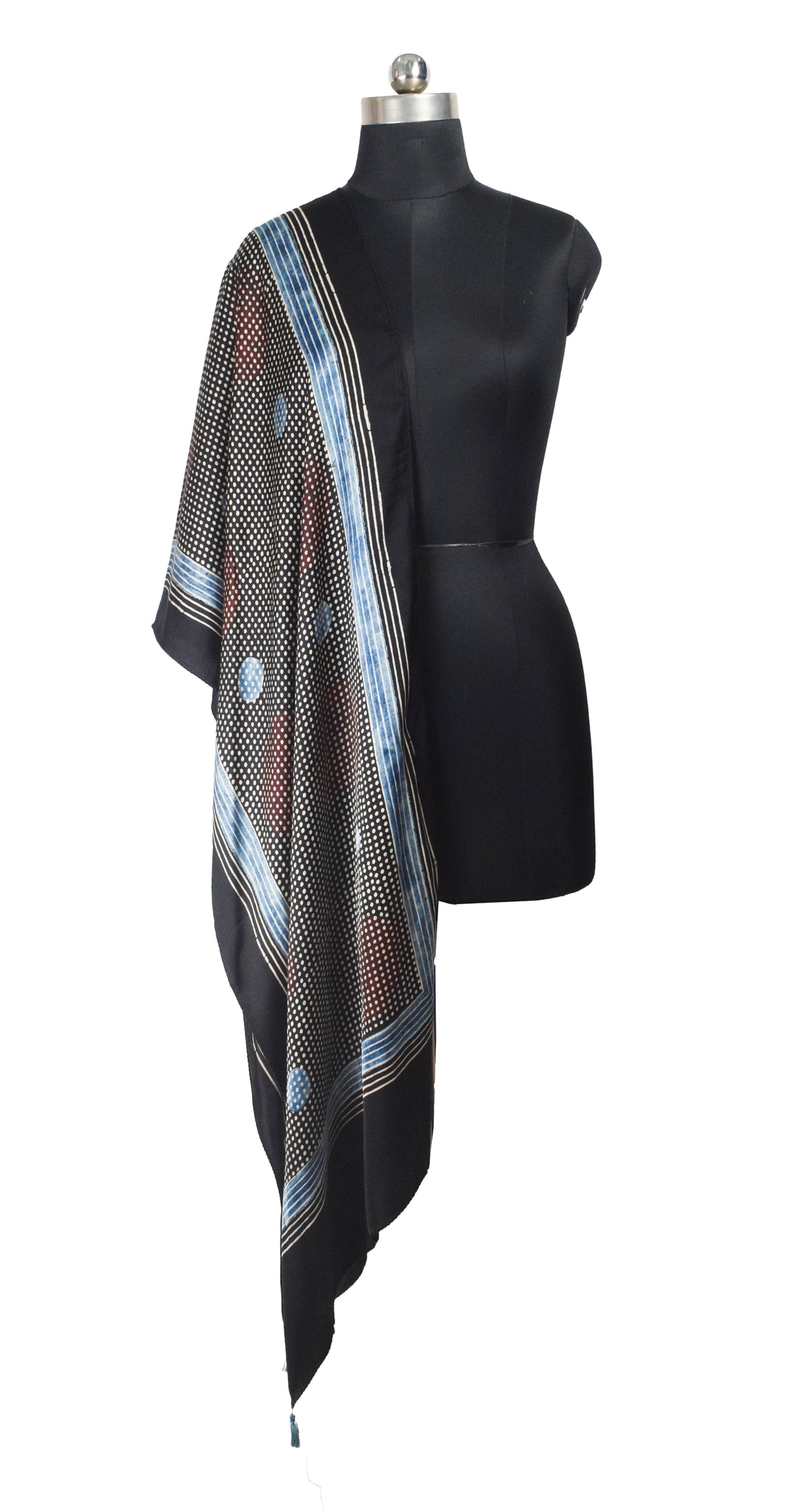 Ajrakh Modal Silk Natural Dye Hand Block Print Stole With Tassels - 2 Mtr Length    -  SKU : AI26901I
