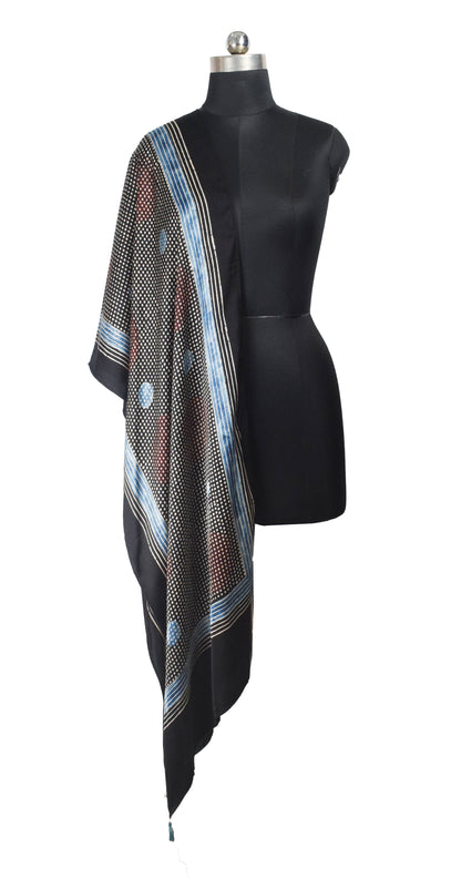 Ajrakh Modal Silk Natural Dye Hand Block Print Stole With Tassels - 2 Mtr Length    -  SKU : AI26901I
