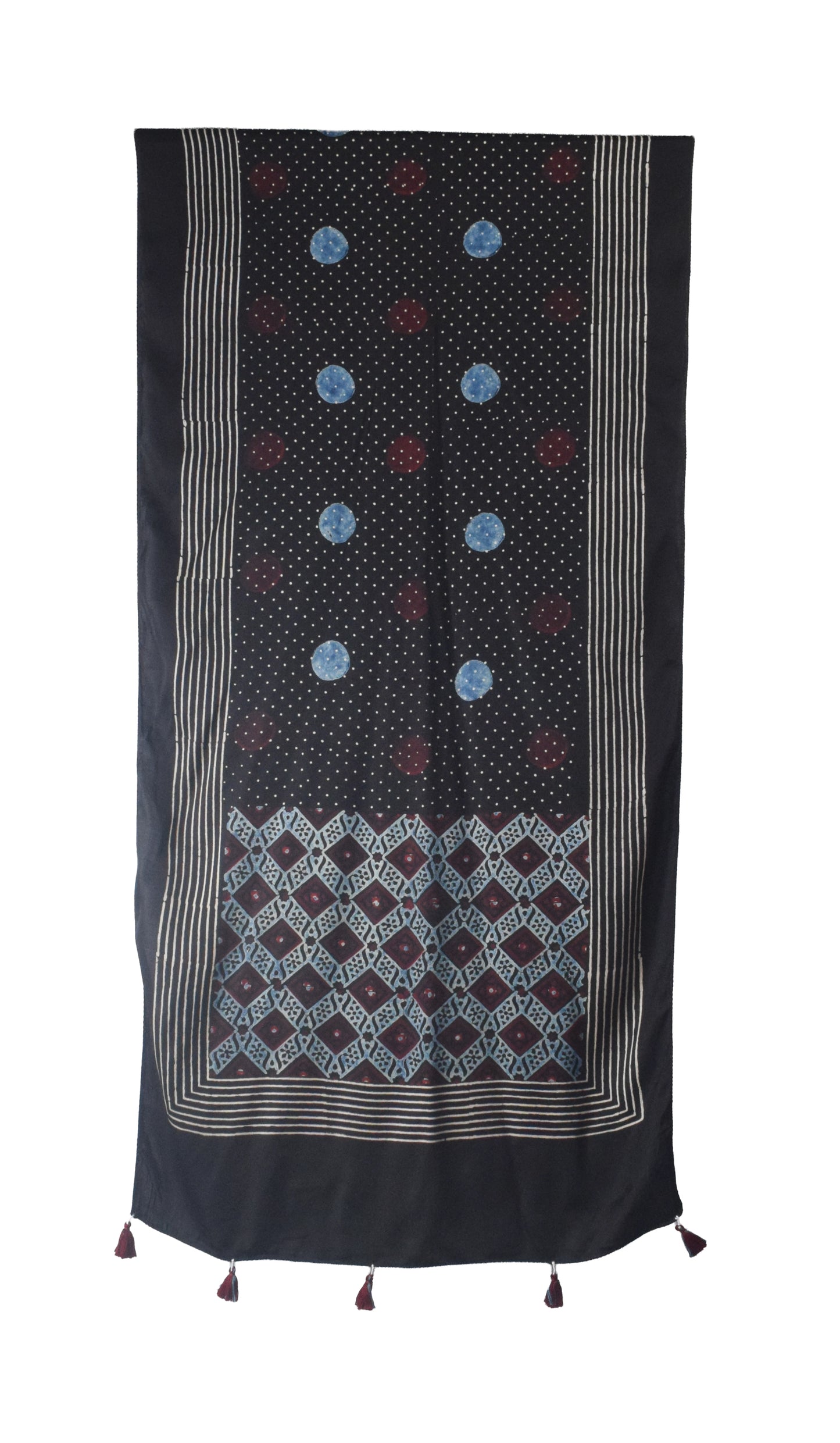 Ajrakh Modal Silk Natural Dye Hand Block Print Stole With Tassels - 2 Mtr Length    -  SKU : AI26901J