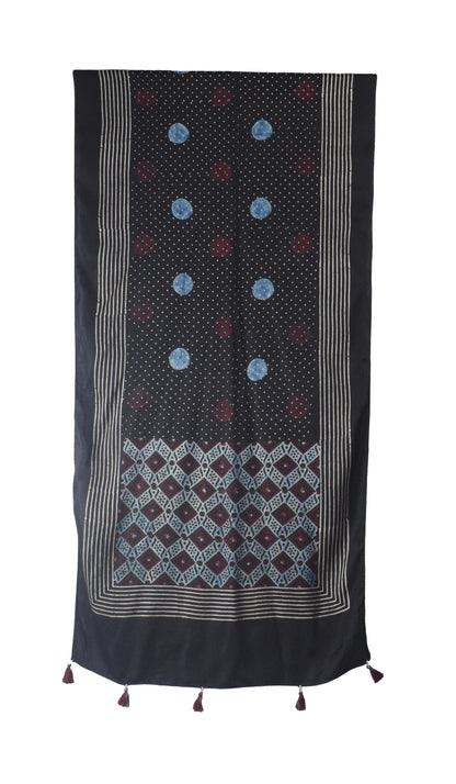 Ajrakh Modal Silk Natural Dye Hand Block Print Stole With Tassels - 2 Mtr Length    -  SKU : AI26901J