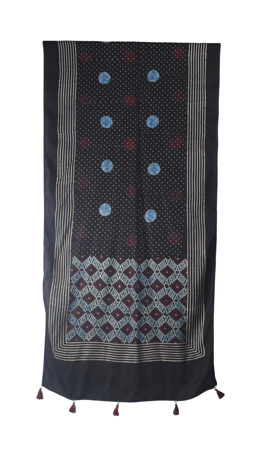 Ajrakh Modal Silk Natural Dye Hand Block Print Stole With Tassels - 2 Mtr Length    -  SKU : AI26901J