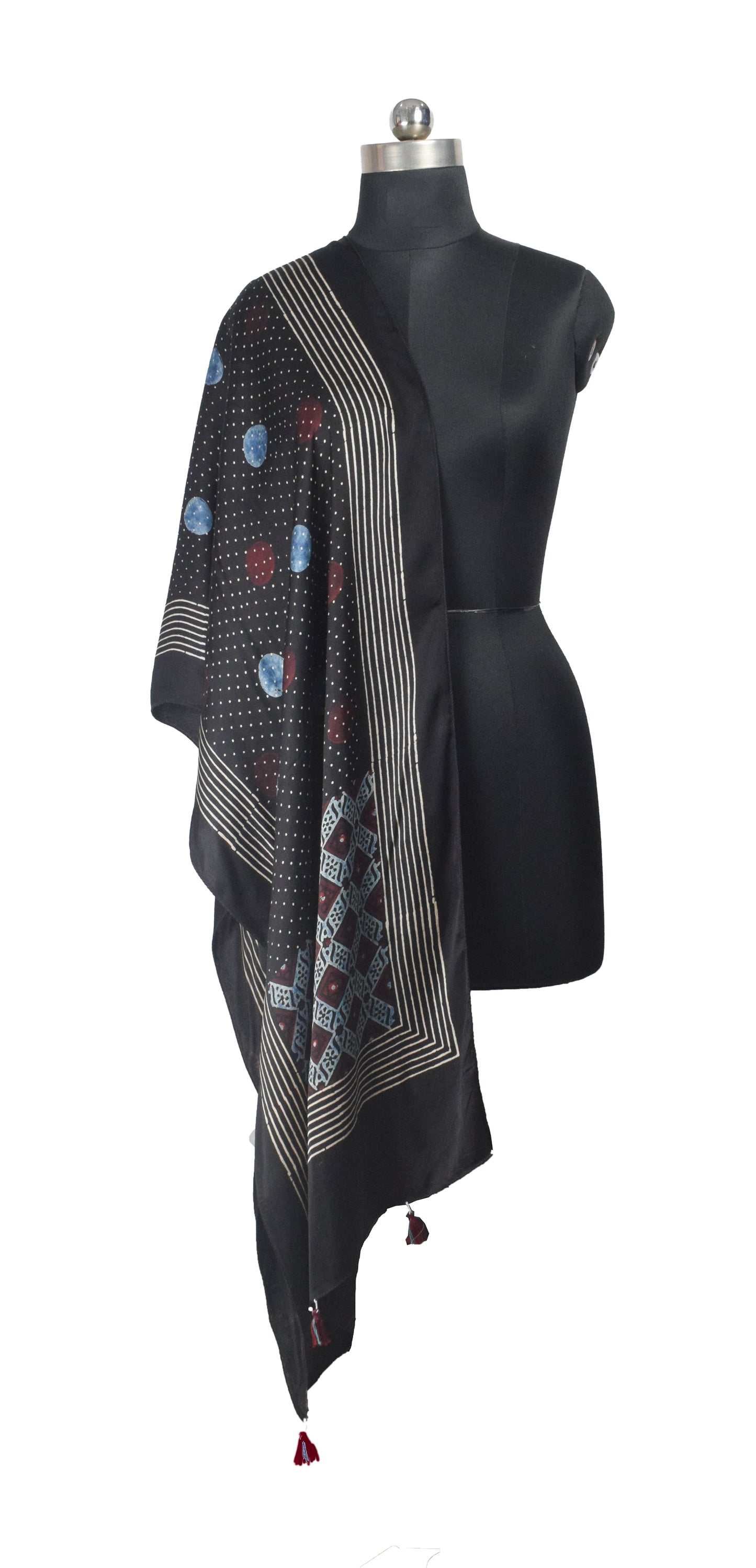 Ajrakh Modal Silk Natural Dye Hand Block Print Stole With Tassels - 2 Mtr Length    -  SKU : AI26901J