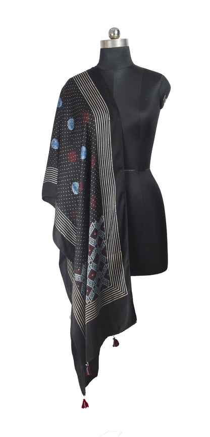 Ajrakh Modal Silk Natural Dye Hand Block Print Stole With Tassels - 2 Mtr Length    -  SKU : AI26901J