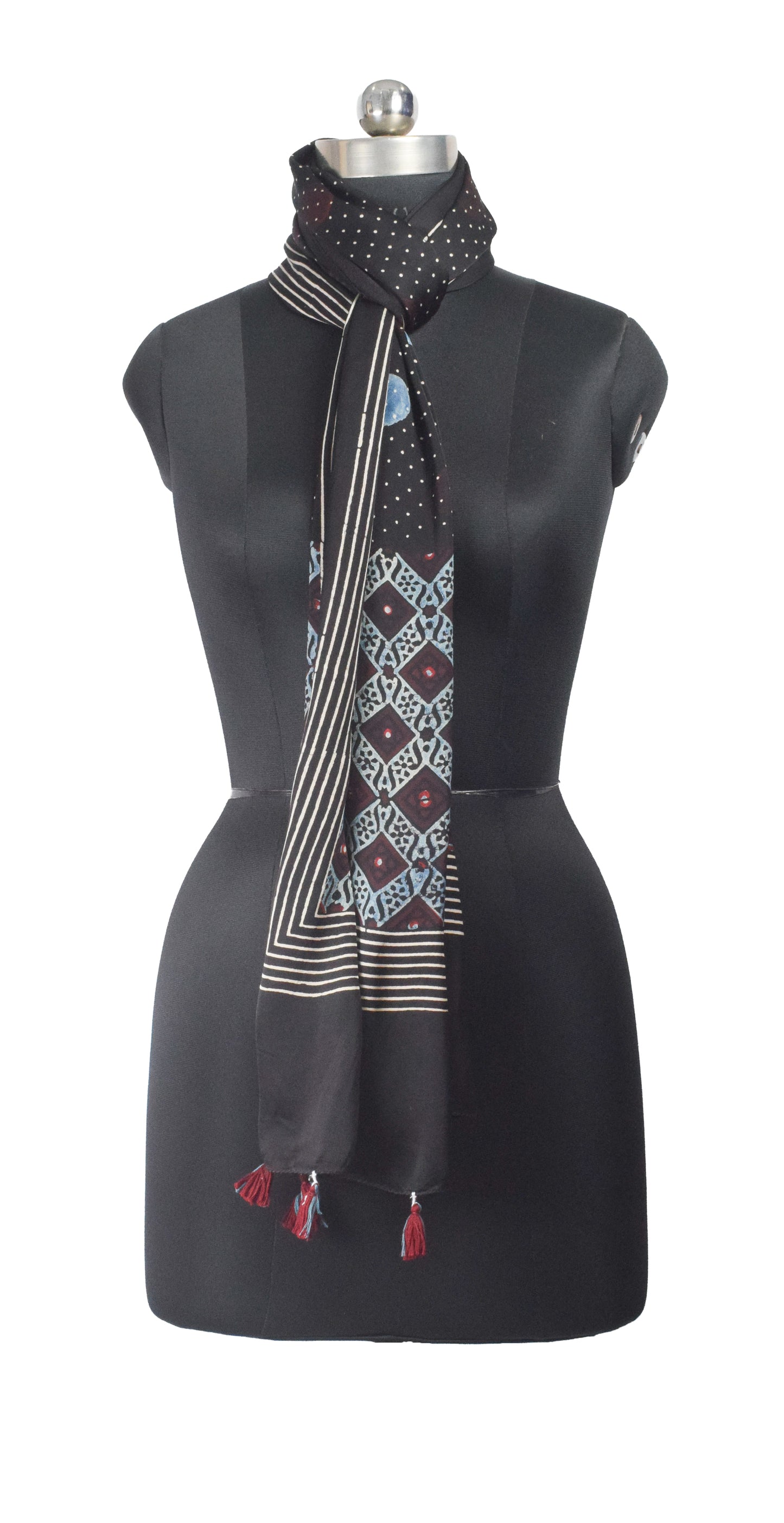 Ajrakh Modal Silk Natural Dye Hand Block Print Stole With Tassels - 2 Mtr Length    -  SKU : AI26901J