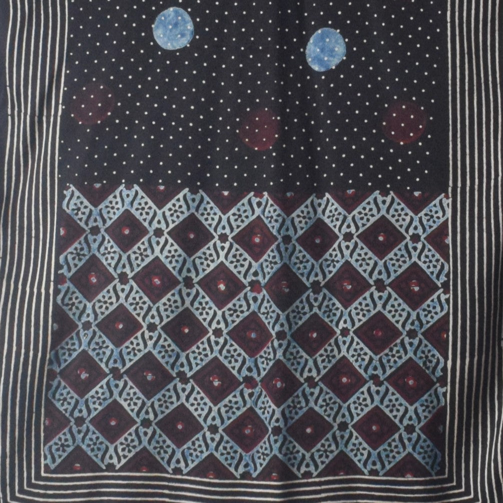 Ajrakh Modal Silk Natural Dye Hand Block Print Stole With Tassels - 2 Mtr Length    -  SKU : AI26901J
