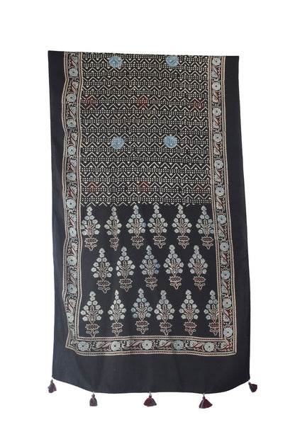 Ajrakh Modal Silk Natural Dye Hand Block Print Stole With Tassels - 2 Mtr Length    -  SKU : AI26901K