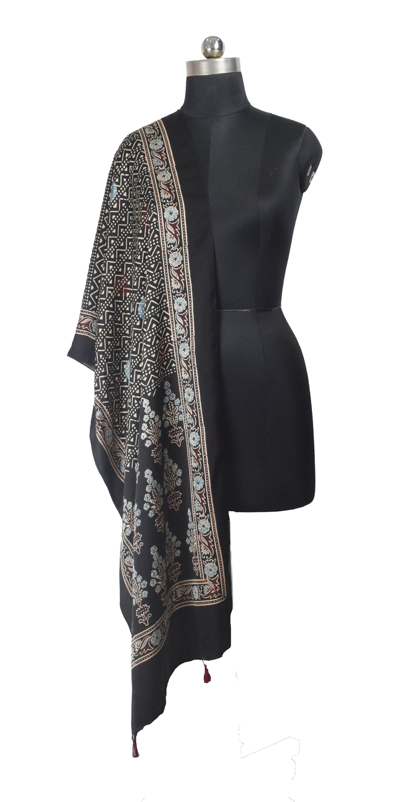 Ajrakh Modal Silk Natural Dye Hand Block Print Stole With Tassels - 2 Mtr Length    -  SKU : AI26901K