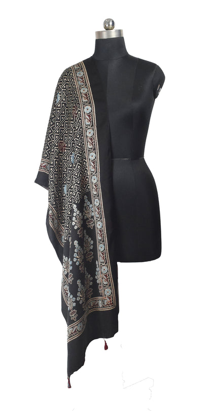 Ajrakh Modal Silk Natural Dye Hand Block Print Stole With Tassels - 2 Mtr Length    -  SKU : AI26901K