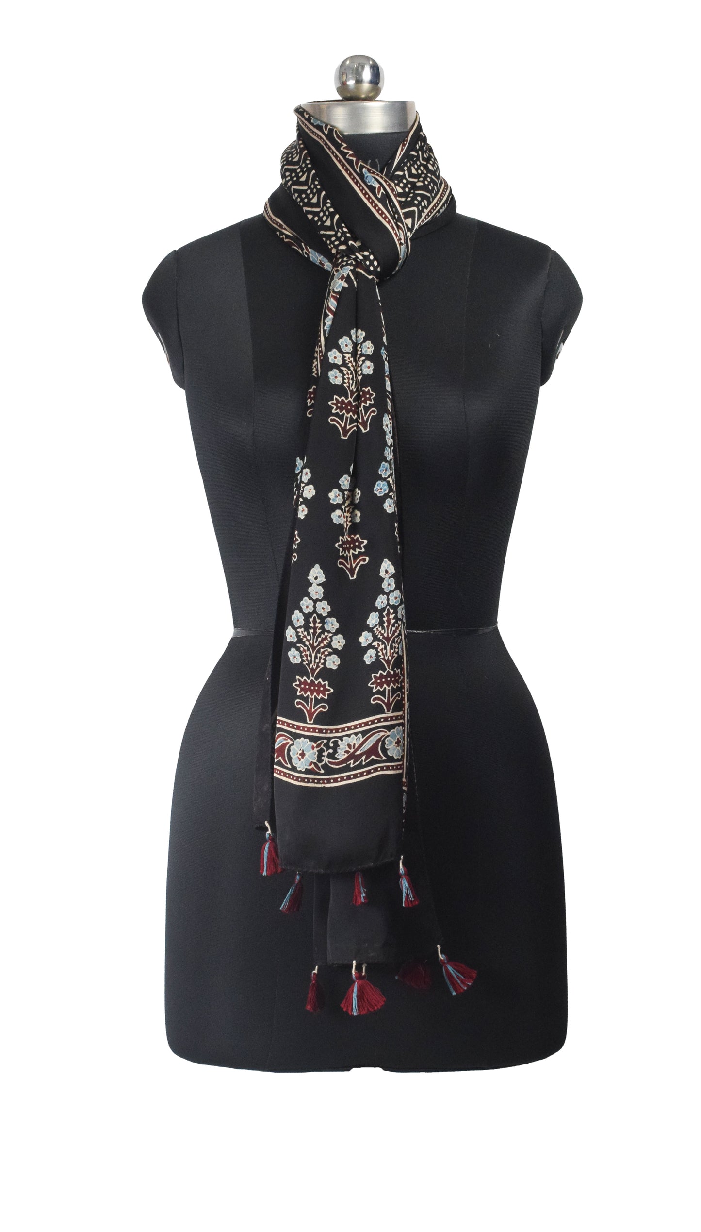 Ajrakh Modal Silk Natural Dye Hand Block Print Stole With Tassels - 2 Mtr Length    -  SKU : AI26901K