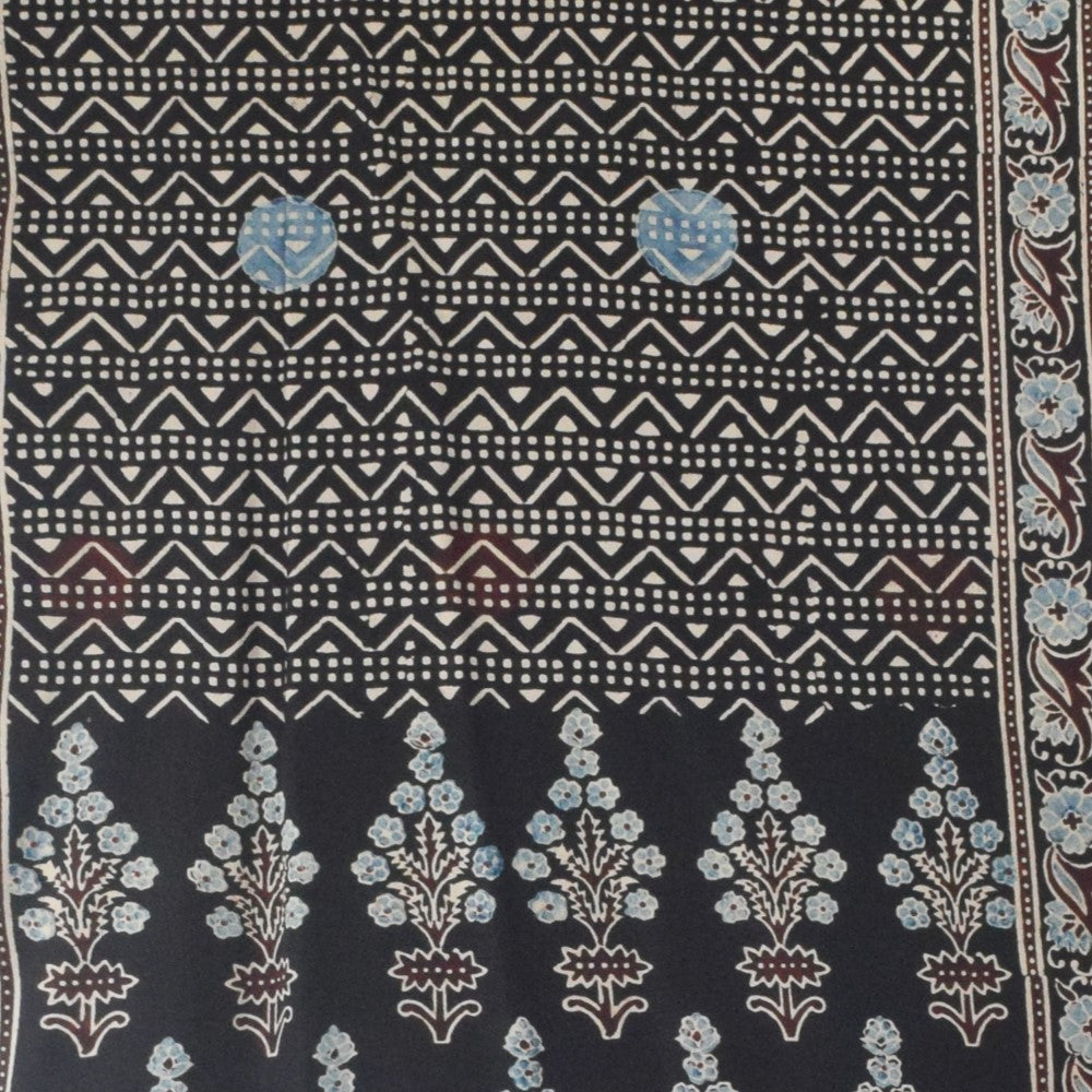 Ajrakh Modal Silk Natural Dye Hand Block Print Stole With Tassels - 2 Mtr Length    -  SKU : AI26901K