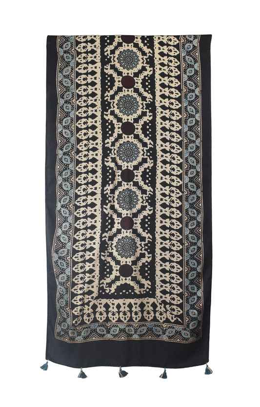 Ajrakh Modal Silk Natural Dye Hand Block Print Stole With Tassels - 2 Mtr Length    -  SKU : AI26901M