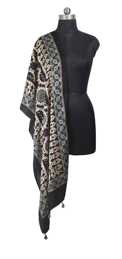 Ajrakh Modal Silk Natural Dye Hand Block Print Stole With Tassels - 2 Mtr Length    -  SKU : AI26901M