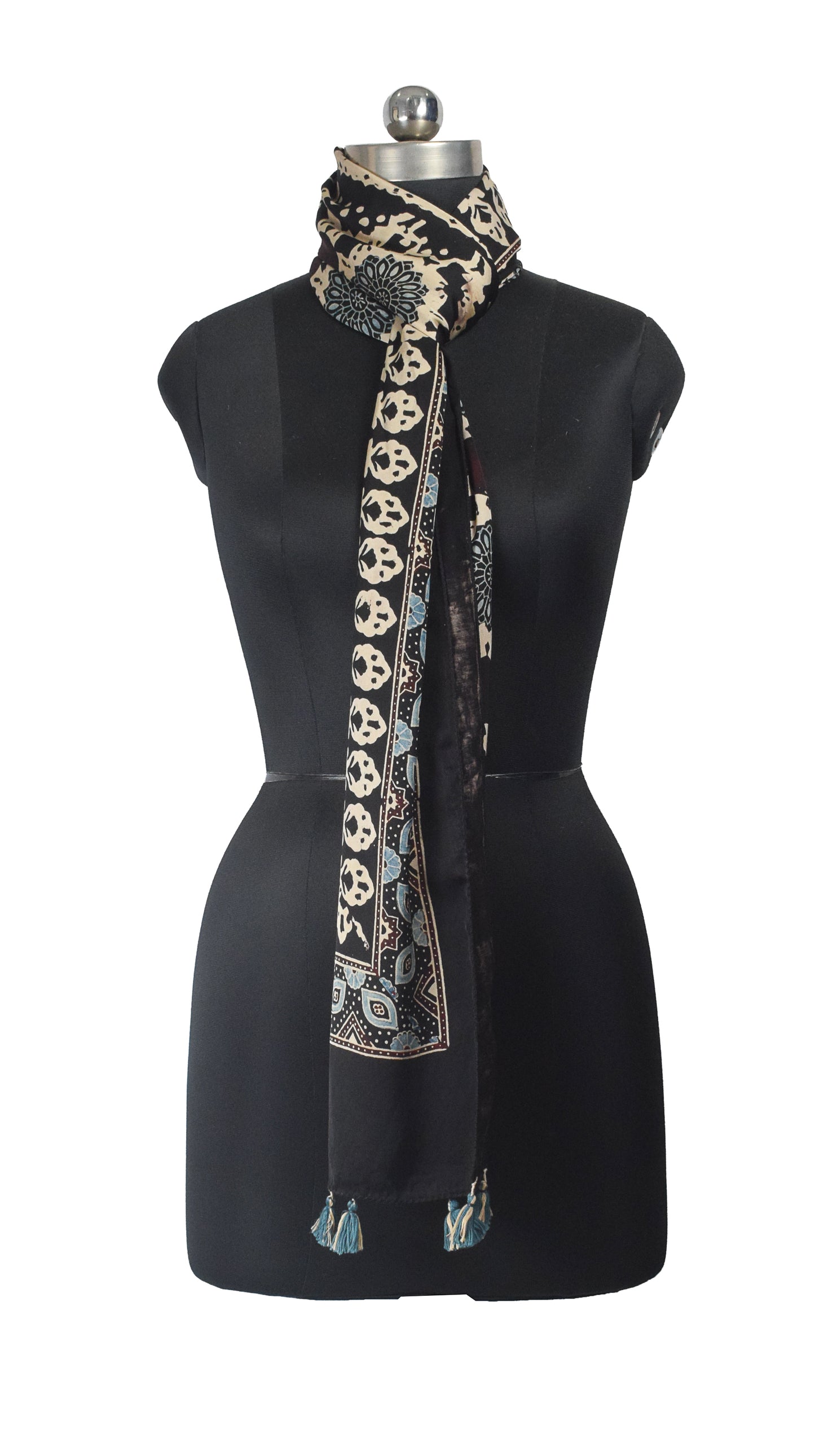 Ajrakh Modal Silk Natural Dye Hand Block Print Stole With Tassels - 2 Mtr Length    -  SKU : AI26901M